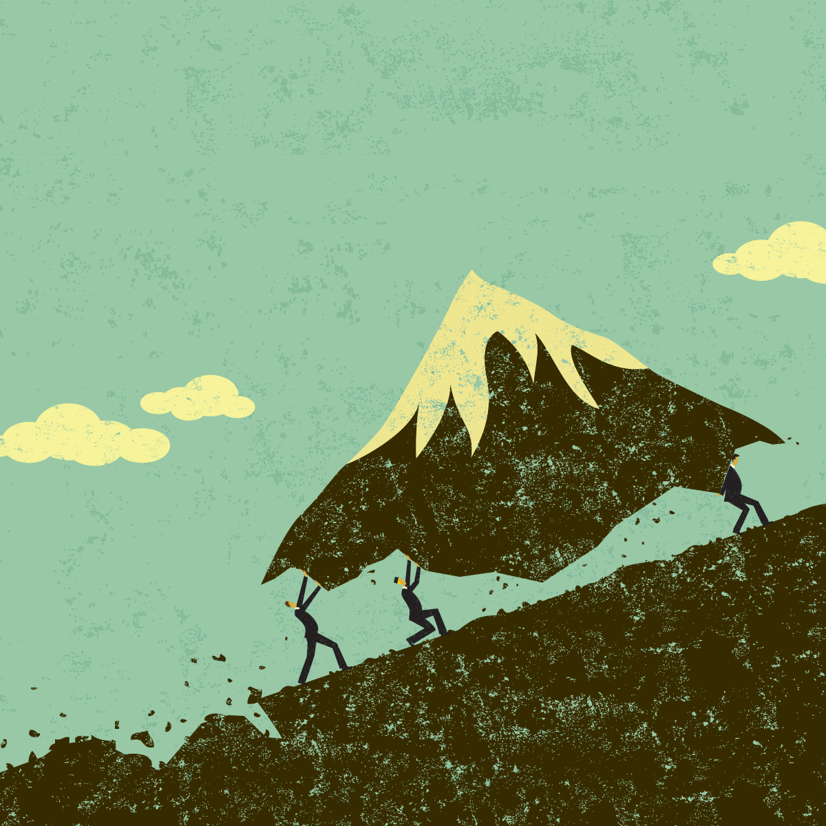 Three people in suits carry a mountain up a slope